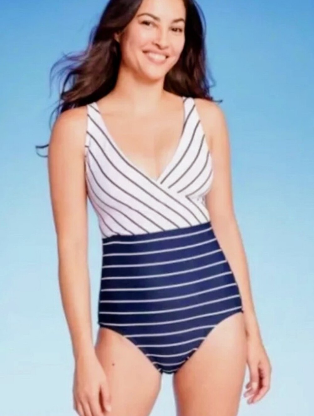 Kona Sol Striped Navy and White One-Piece Swimsuit